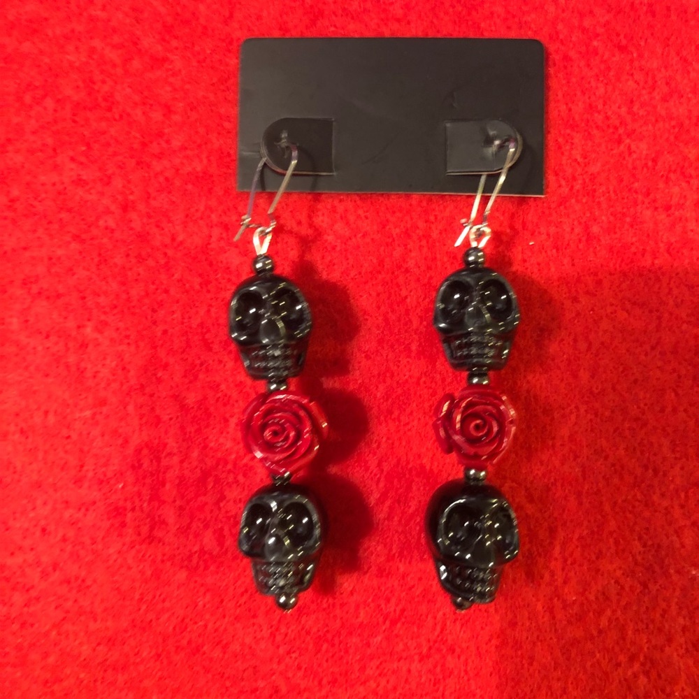 Hand made Ceramic Skull and Rose Dangle earrings!